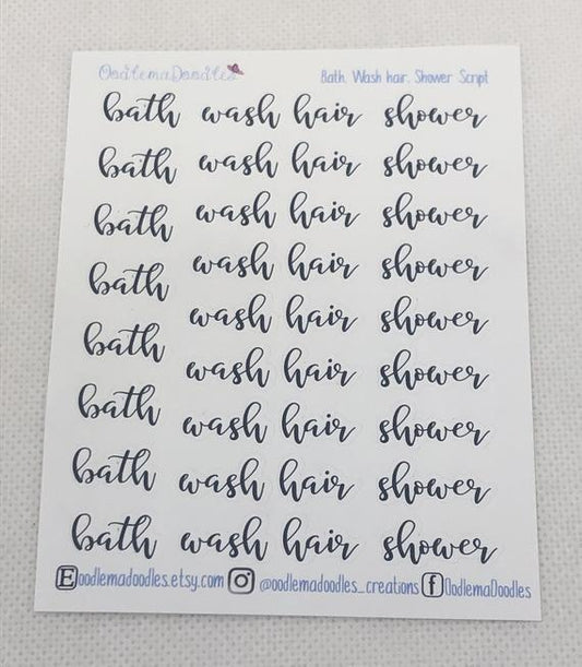 Bath - Wash Hair - Shower Script Stickers - oodlemadoodles