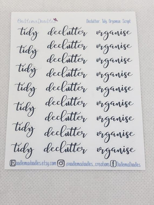 Tidy - Decluttering - Organise Script Stickers